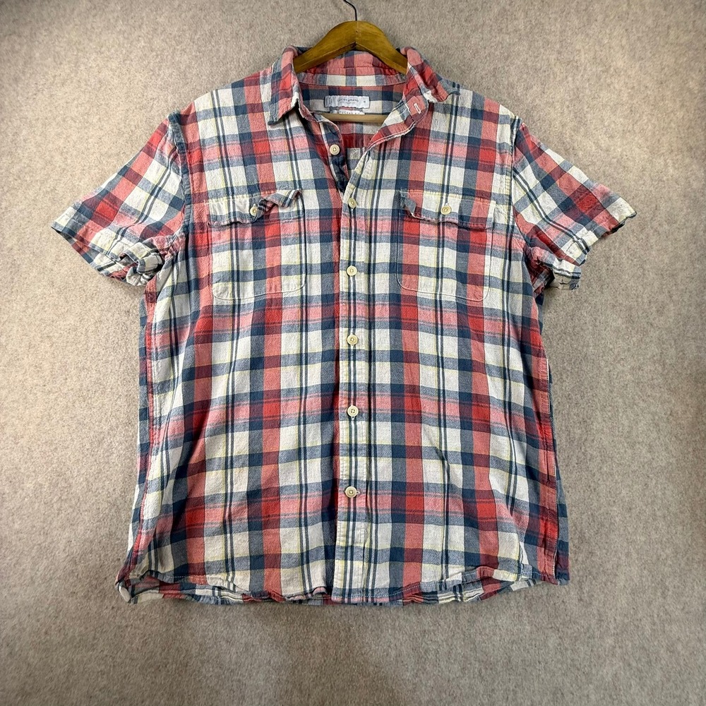 Lucky Brand Mens Untucked Fit Plaid Short Sleeve Button Down Shirt Red Blue M